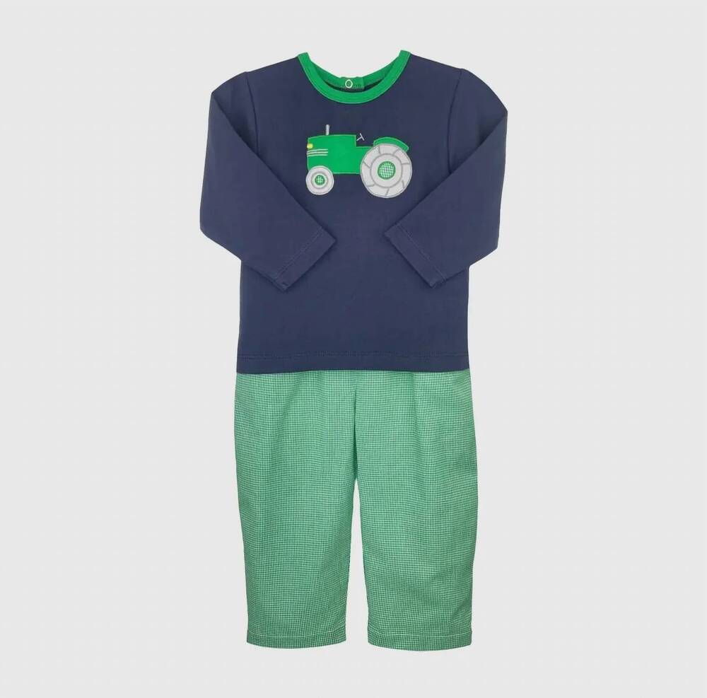 NEW PETIT AMI ZUBELS boy's tractor appliqué set in navy